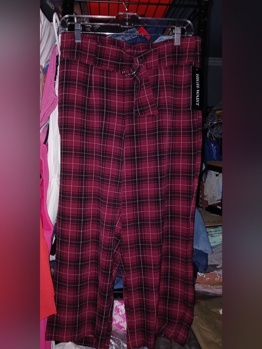 Soho Burgundy Plaid Men's Trousers with Self-Belt